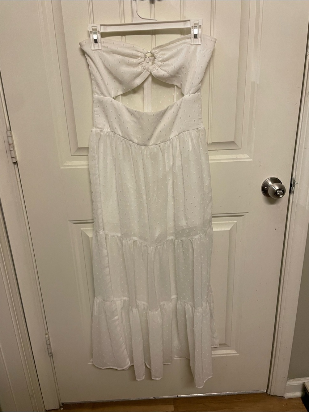 White Strapless Swiss Dot Maxi Dress with Front Cutout